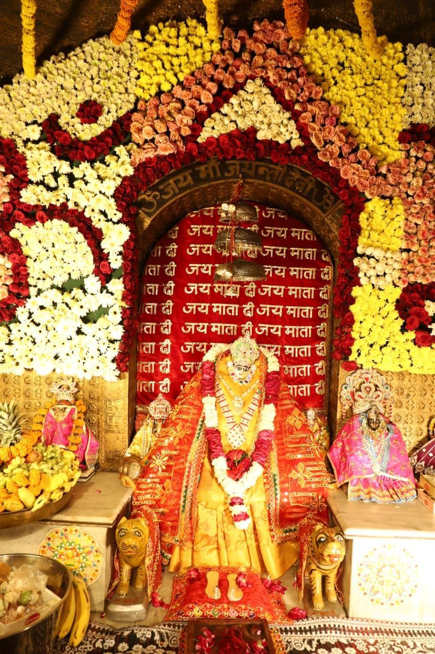 Maa Jayanti Devi in a sanctum decorated with flowers