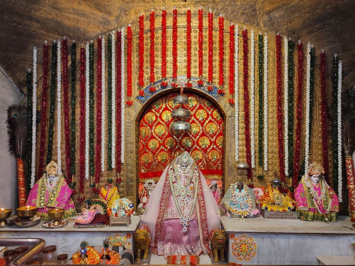 The sanctum of Maa Jayanti Devi with flower garlands
